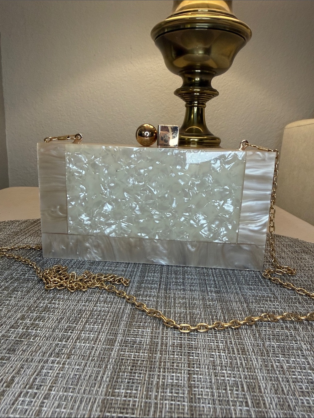 Pearlescent Beige Acrylic Box Clutch with Gold Chain